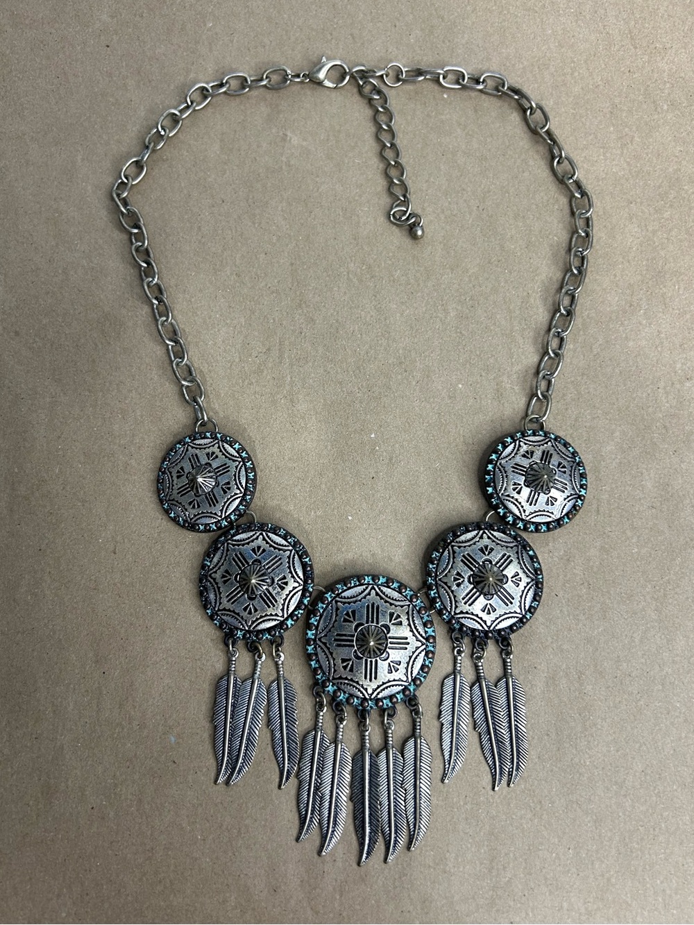 Engraved Dreamcatcher Feather Fringe Silver Tone Necklace